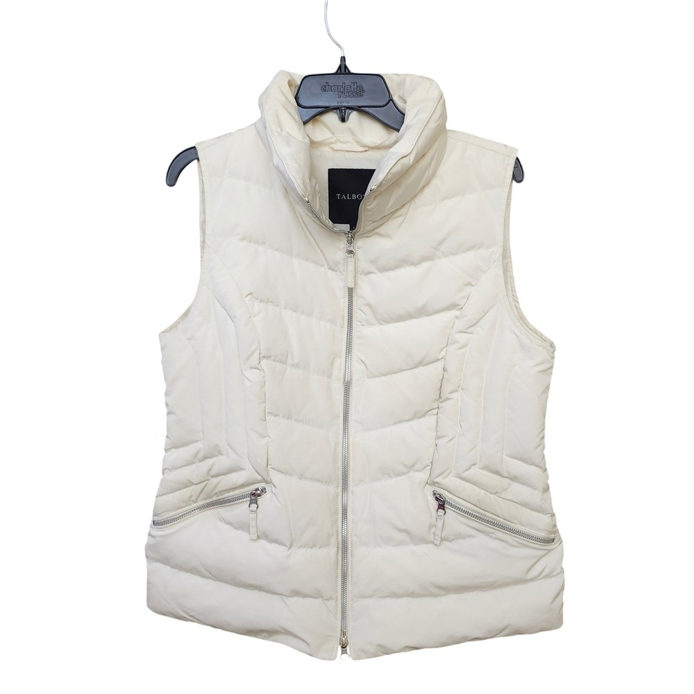 Talbots Womens Puffer Vest Cream Full‎ Zip Stand Collar Down Fill Size L